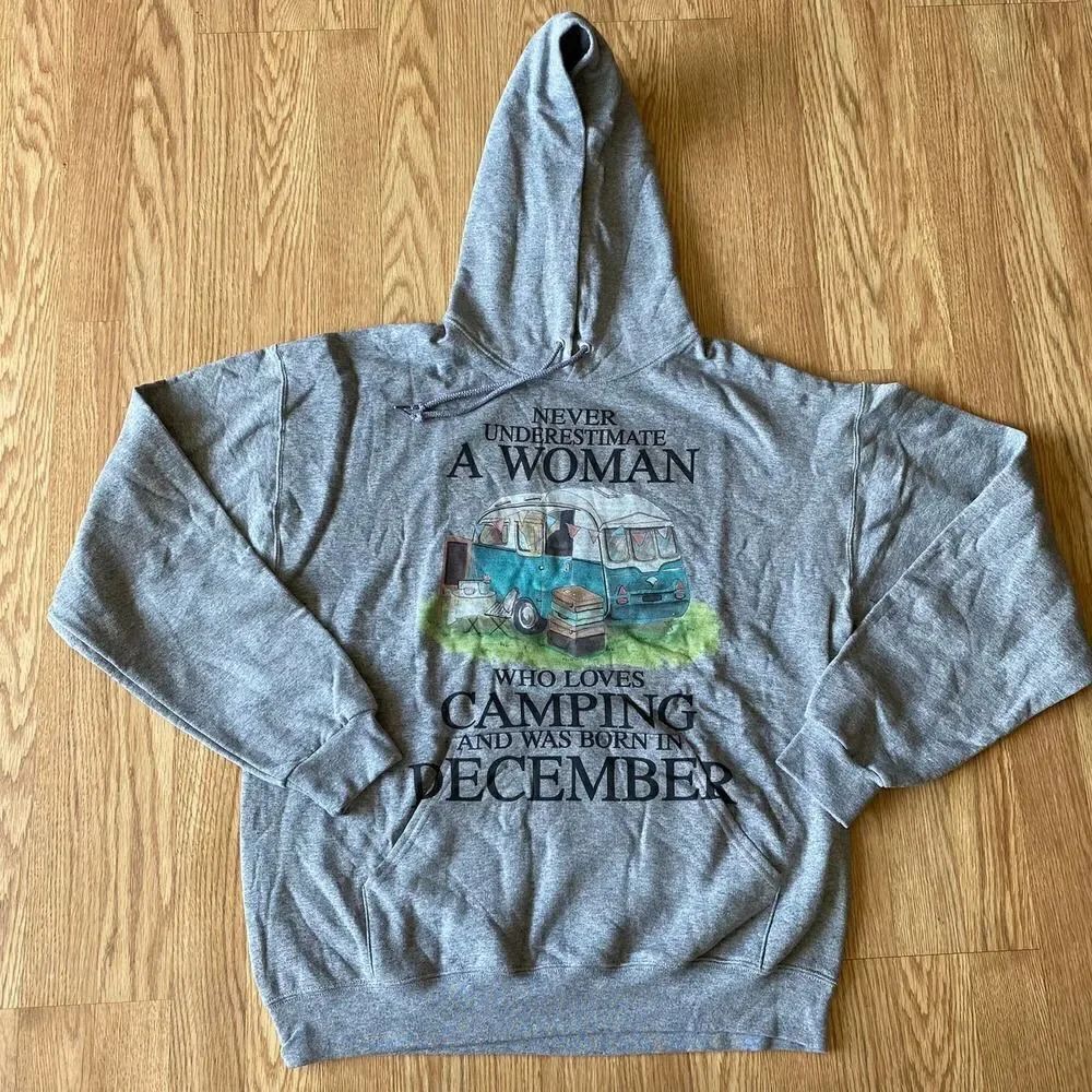 Camping Woman December Birthday Hoodie Gray Large